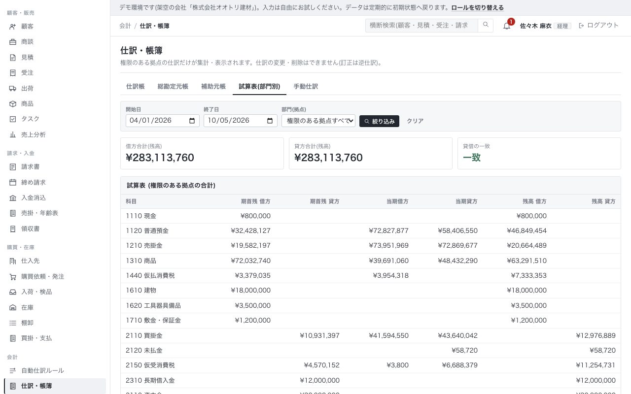 試算表。貸借の一致を表示