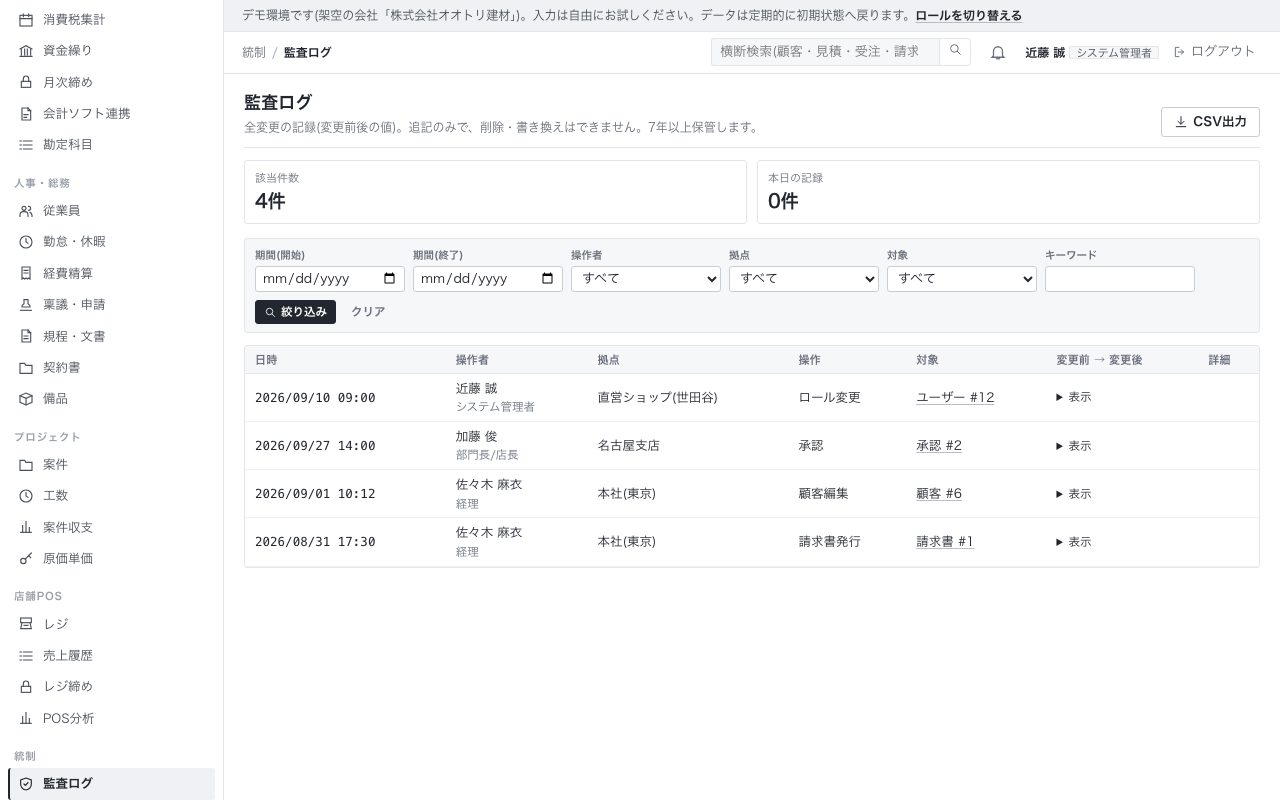 監査ログの画面